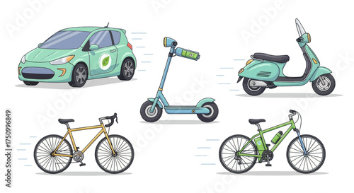 Collection of eco-friendly personal transportation vehicles including electric car scooter and bicycles.