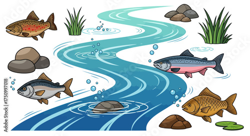 Cartoon Illustration of a Winding River with Fish Swimming.