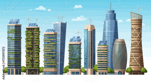 Modern City Skyline with Diverse Architectural Styles and Green Spaces.