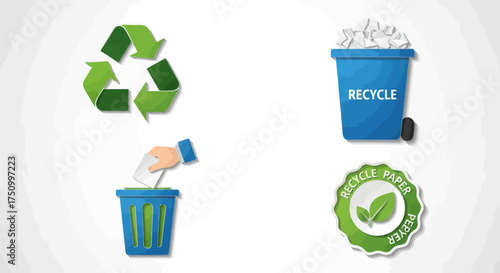 Environmental Recycling and Waste Management Icons Set with Green Symbols and Blue Bins.