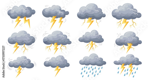 Collection of Storm Clouds with Lightning Strikes and Raindrops Weather Elements.