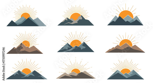 A collection of nine flat design mountain and sun logos Stylized geometric landscape icons for adventure and travel branding.