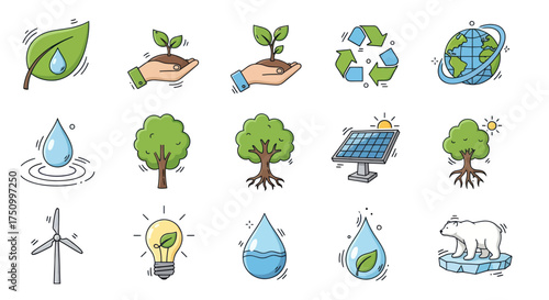 Hand-drawn Eco-Friendly Icons Representing Nature and Sustainability Concepts.