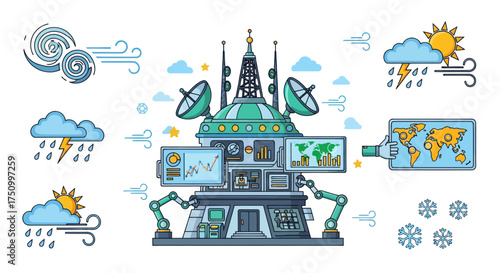 Futuristic Meteorological Weather Station with Antennas Satellite Dishes and Data Screens.