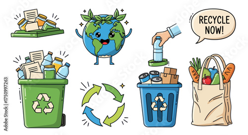 Recycling Concept: Earth Bins Arrows and Bag with Waste for Environmental Protection.