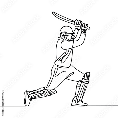 Continuous Simple black line art drawing of a Cricket Player in a minimalist style on a white background.