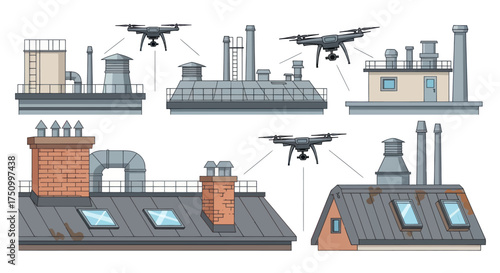 Industrial Rooftops with Drones Monitoring Chimneys and Structures.