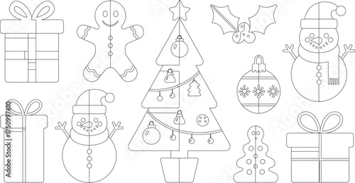 Christmas Coloring Page with Gift Boxes, Snowmen, Gingerbread Man, Ornament, and Christmas Tree Line Art