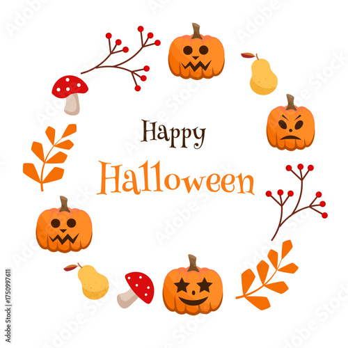 Happy Halloween. Wreath with pumpkins, autumn leaves, fly agarics and pears on a white background