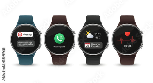 Four modern smartwatches displaying various app notifications and data.