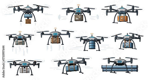 Collection of Delivery Drones Carrying Packages in Flight.