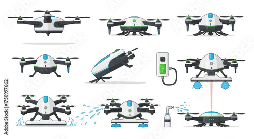 Collection of Futuristic Delivery Drones with Different Functions and Designs.