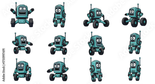 Collection of Teal Cartoon Robots with Wheels and Antennas in Various Poses.