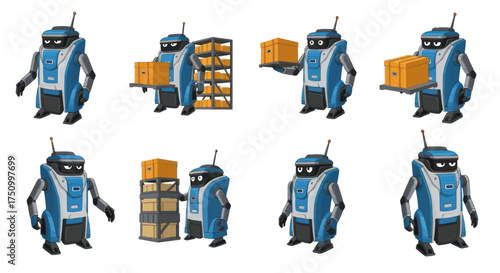 Delivery Robots: Blue and Black Robotic Figures Handling Boxes and Working in a Warehouse.