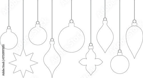 Collection of Simple Outlined Christmas Ornaments Spheres, Stars, and Various Decorative Shapes Hanging on Strings