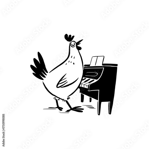 Chicken playing piano funny animal illustration musical bird keyboard instrument black and white art