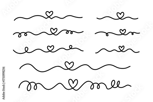 Set of hand drawn line art hearts in various shapes and styles. Simple, romantic, and minimalist vector elements for love, wedding, and Valentine's Day designs. One line drawing hearts set.