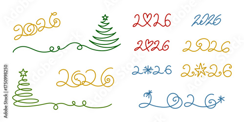New Year's Eve and holiday line art doodles set, featuring different party elements. Simple vector icons for festive design. Christmas trees, numbers 2026 New Year with star, snowflake and heart.