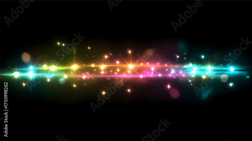 A vibrant spectrum of colors with sparkling particles against a black background, reflecting on a smooth surface