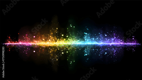 A vibrant spectrum of colors with sparkling particles against a black background, reflecting on a smooth surface