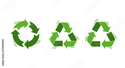 Three green recycling symbols with arrows in different configurations.