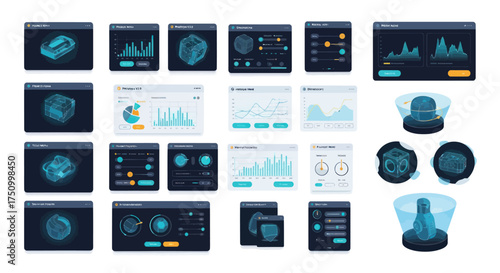 Collection of Digital Interface Screens with Data Visualization Elements.