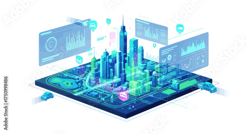 Isometric Cityscape with Data Visualization and Futuristic Elements.