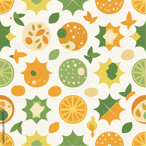 Seamless pattern with abstract citrus fruits and leaves.