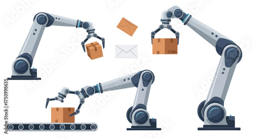 Robotic Arms Handling Cardboard Boxes in Automated Industrial Processes.