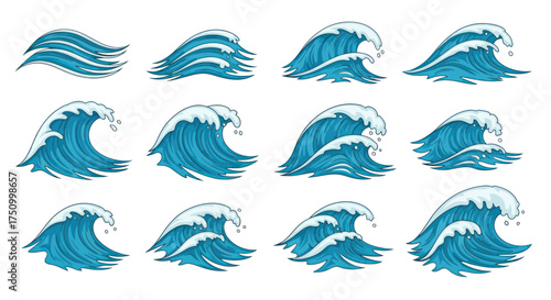 Cartoon Ocean Waves Collection with Blue Water and White Foam.