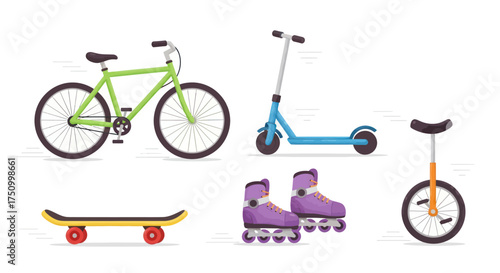 Assortment of colorful personal transportation vehicles and sporting equipment.