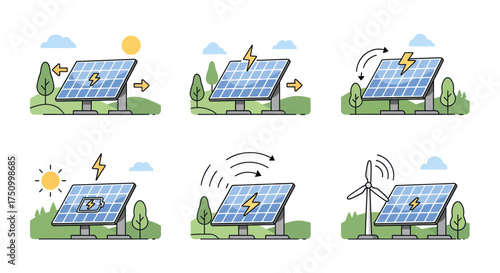 Six illustrations of solar panels and renewable energy concepts.