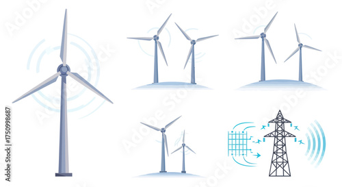 Set of Wind Turbines and Power Pylon Illustrations for Energy Concepts.