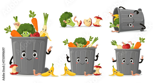 Cartoon Trash Cans Overflowing with Food Waste Featuring Eyes and Arms.