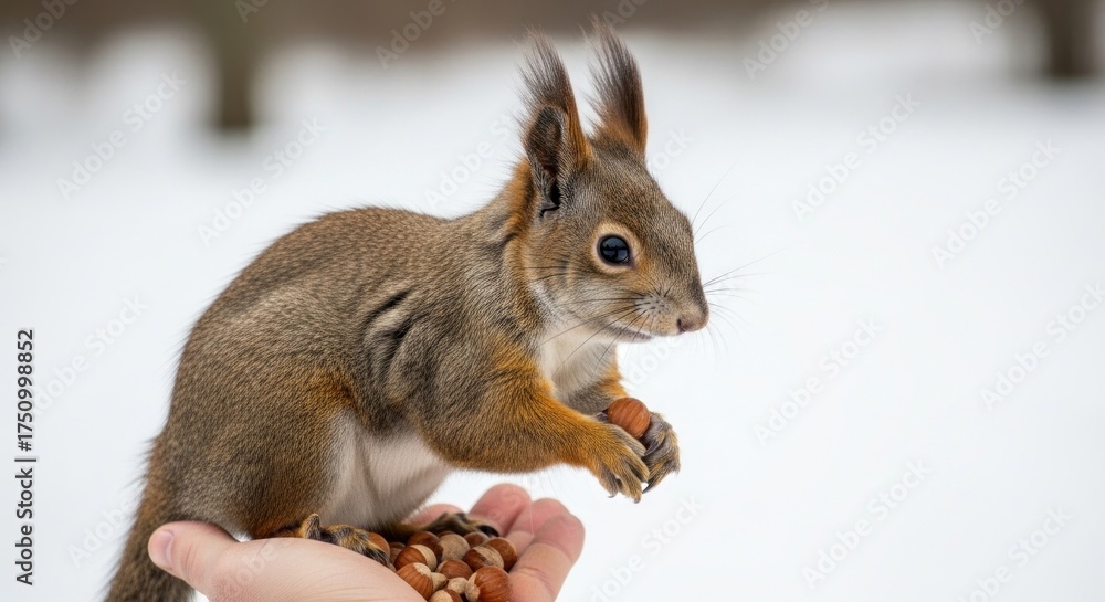 Fototapeta premium A squirrel eating nuts from a hand in a snowy forest.