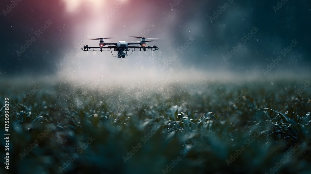 Fototapeta premium Advanced agricultural drone spraying crops over a misty field under dramatic moody lighting signifying modern farming