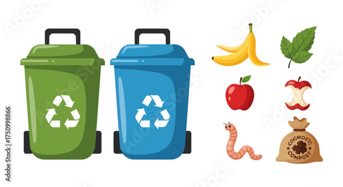 Green and Blue Recycling Bins with Organic Waste Illustration.