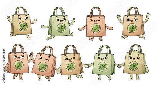 Cute Eco-Friendly Reusable Shopping Bags Cartoon Characters Set.