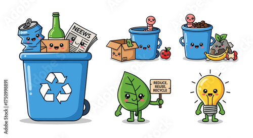 Cute Kawaii Characters Promoting Recycling and Environmental Awareness.