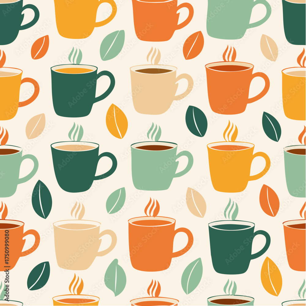 Obraz premium Seamless pattern with colorful coffee cups and beans.