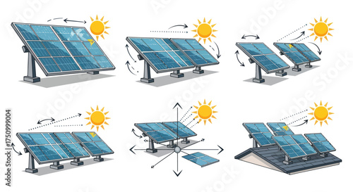Diverse Solar Panel Systems Illustrating Sun Tracking and Installation Methods.