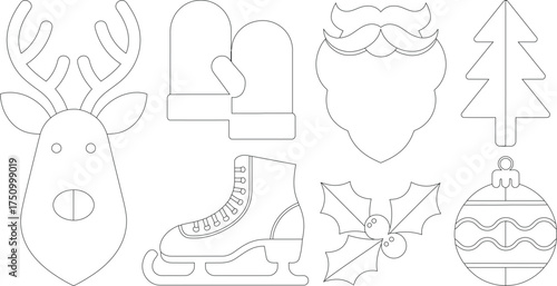 Outline Drawing Christmas Icons Featuring Reindeer, Mittens, Santa Claus, Christmas Tree, Ice Skate and Ornament