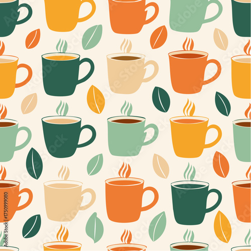 Seamless pattern with colorful coffee cups and beans.