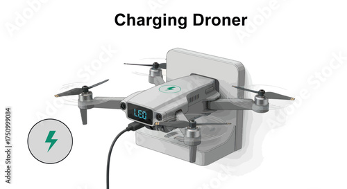 Compact drone battery charging on a white wall-mounted station with a power cable.