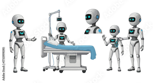 Futuristic robots assisting in a medical setting with patient care equipment.