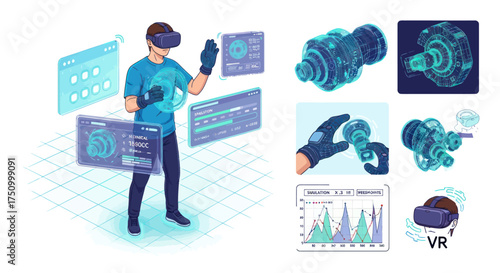 Man in VR Headset Interacting with Virtual Reality Interfaces and Mechanical Designs.