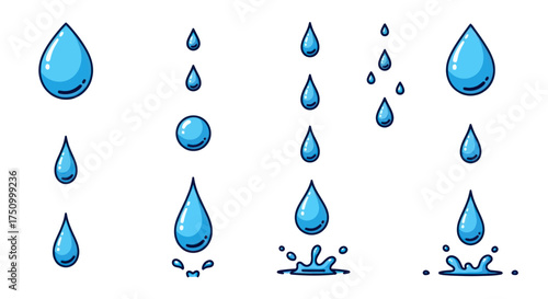 Cartoon Blue Water Droplets in Various Stages of Falling.