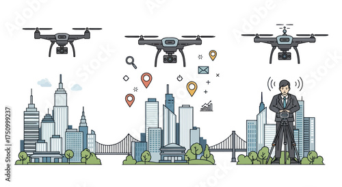 Illustrated Drones Flying Over City Buildings with Controller.