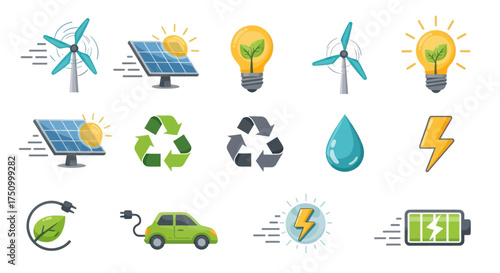 Collection of Renewable Energy and Eco-Friendly Icons.