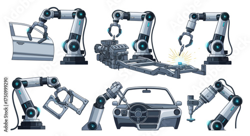 Industrial Robotic Arms Assembling Car Parts Set.